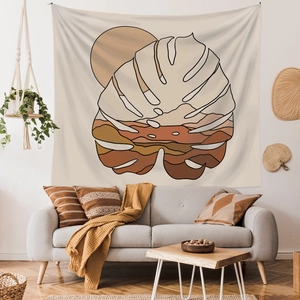 Boho Monstera leaf tapestry with sun and mountains for living room wall decoration