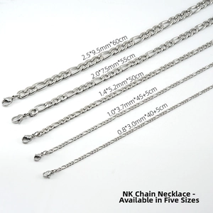 Detail comparison of five silver Figaro chains in different thicknesses and lengths