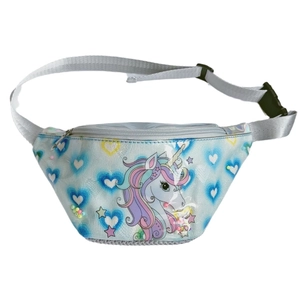 Pastel blue unicorn waist bag for girls with holographic heart print and clear beads