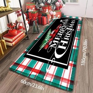Détails d'un tapis de Noël en flanelle de 180x60cm avec motif à carreaux festif