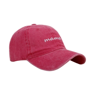 Vintage washed red cotton baseball cap featuring white mama embroidery in minimalist style