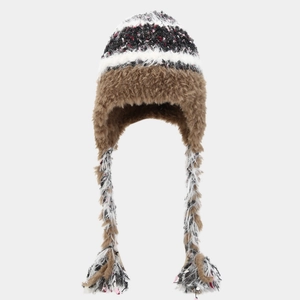 Bonnet tricoté d'hiver avec bordure en fausse fourrure et longues tresses en marron