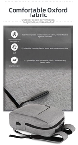Detail of gray oxford fabric backpack showing USB port and breathable mesh strap