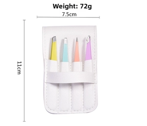Detailed view of 4-piece colorful stainless steel tweezers set with a white leather case