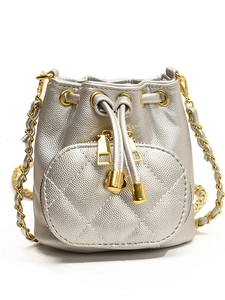 Silver camellia bucket bag with drawstring closure and golden chain strap