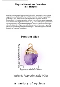Macro detail of purple raw crystal pendant with gold-plated edges and size measurements