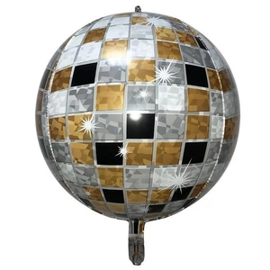 Détail d'un ballon disco 4D argent et or avec des motifs carrés à reflets métalliques
