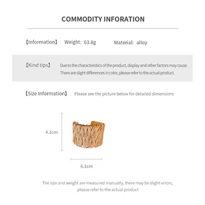 Detailed specs of the 63.8g wide golden braided alloy bangle with dimension measurements