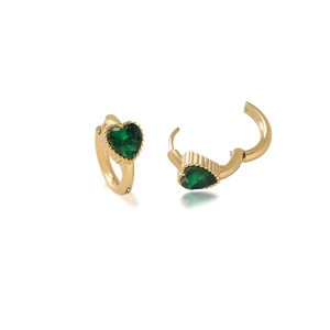 Gold plated huggie hoop earrings with heart shaped green zircon and textured bezel