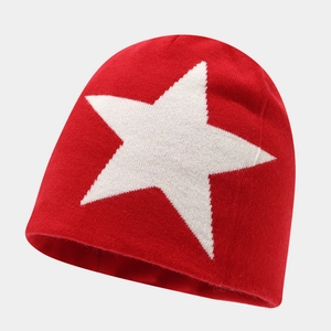Red knit beanie with white star jacquard pattern for street style and hip-hop fashion