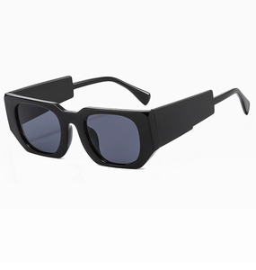 Detail of trendy black thick frame rectangular sunglasses with dark grey lenses