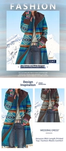 Detail of hooded long-sleeve coat with tribal geometric patterns and matching gloves