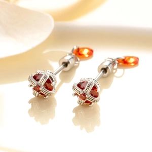 Elegant crown shaped ear studs with vibrant orange red gemstones and silver titanium steel