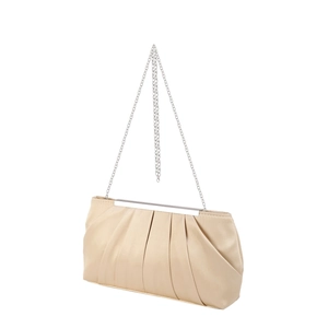Detail of beige pleated satin evening clutch bag with elegant silver metal chain strap