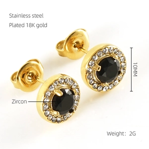 Detail of 10mm 18K gold plated stainless steel earrings with black and clear zircons