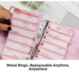 Macro shot of pink marble PU leather binder with silver rings and strawberry budget sheets