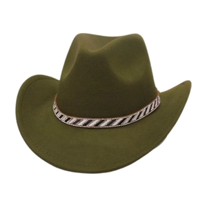 Detail of army green cowboy hat featuring a sparkling rhinestone and chevron patterned band