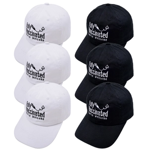Classic 6-panel cotton baseball caps in black and white with Fully Vaccinated embroidery