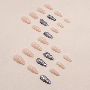 Nude pink and silver glitter almond shaped press-on nails set with 24 pieces