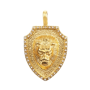 Hip hop gold lion head shield pendant with crystals in polished stainless steel