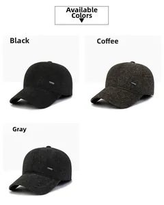 Detail view of winter baseball caps in black, coffee, and grey with warm wool texture