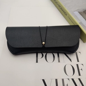 Portable black lychee grain leather sunglasses case with golden metal buckle and elastic cord