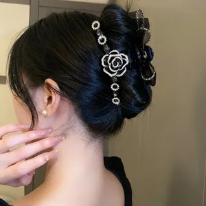 Pince À Cheveux Élégante À Nœud En Maille Noire Avec Fleur De Camélia En Strass Accessoire Cheveux Vintage Pour Femme