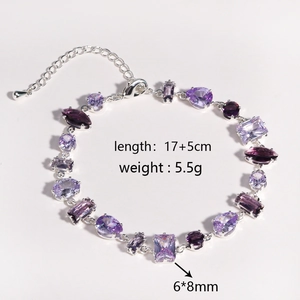 Detailed view of silver chain bracelet with purple zircon stones and size specifications