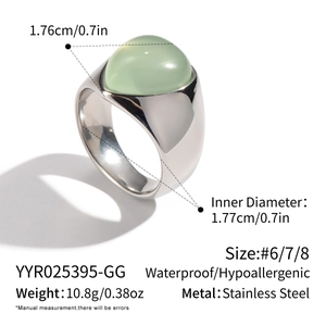 Détail de la bague en acier argenté avec pierre verte indiquant 1,77 cm de diamètre