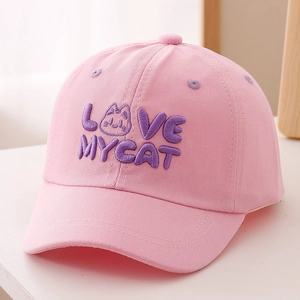 Detail of pink cotton baby baseball cap featuring purple LOVE MY CAT embroidery