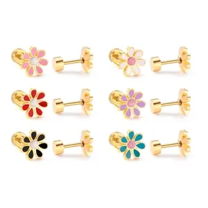 Sweet Jelly Color Flower Stud Earrings Stainless Steel Enamel Floral Screw Back Earrings For Women Girls Fashion Jewelry