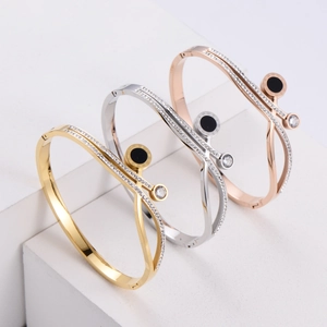 Bracelet Jonc Pour Femme Acier Inoxydable 316 Chiffres Romains Double Couche Design Croisé Zircon Rhinestone Disque Noir Bijoux