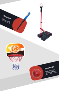 Detail of adjustable 4-in-1 kids sports set with baseball bat and wall-mounted basketball hoop