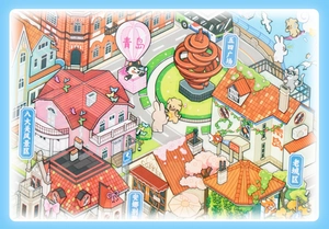 3D isometric illustration showing a detailed hand-drawn Qingdao landmark city map sticker