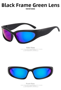 Detailed views of Y2K wraparound sports sunglasses with black frames and colorful lenses