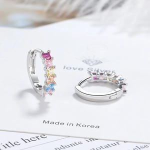 S925 sterling silver hoop earrings with five rectangle-cut multi-color rainbow zircons