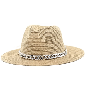 Classic wide brim straw jazz hat in khaki with chunky silver chain decoration