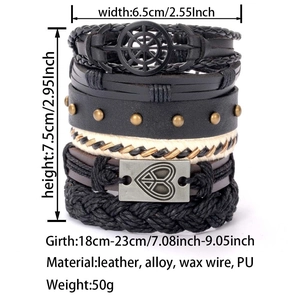 Detailed size specifications for multi-layer braided leather bracelets with metal charms