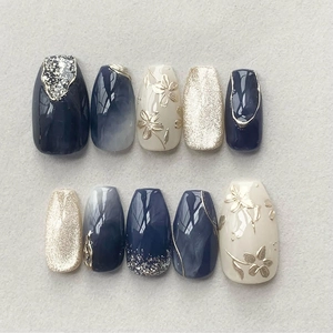Faux Ongles Press On Coffin En ABS Avec Motif Fleur De Pêcher Œil De Chat Relief Floral Et Marbre Longs