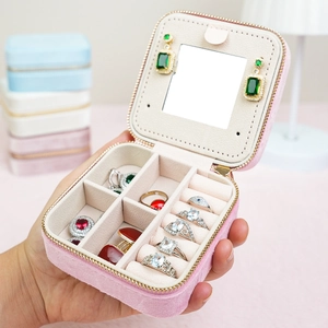 Portable pink velvet jewelry box with mirror and multi-compartments for rings and earrings