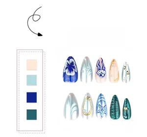 Detailed view of 3D ocean-themed almond nails featuring hand-painted jellyfish and pearls