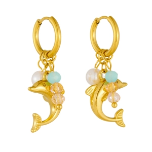 Golden dolphin hoop earrings with pearl and champagne crystal beads in ocean style