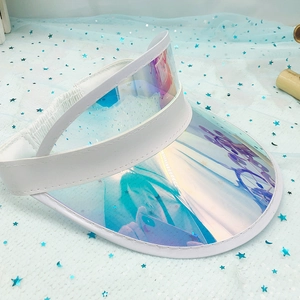 Detail of white PVC visor with colorful holographic lens on a sequin background