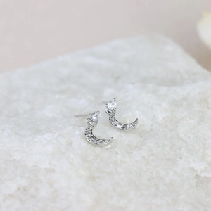 Brass gold plated crescent moon stud earrings set with sparkling cubic zirconia stones