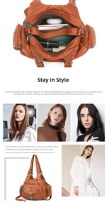 Detail view of large capacity brown PU leather shoulder bag with multi-pocket design