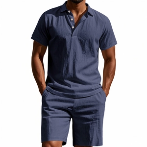 Detail view of navy blue waffle knit linen polo and shorts set for men with rich fabric texture