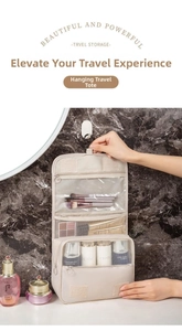 Detail of hanging toiletry bag with multiple mesh compartments and interior storage