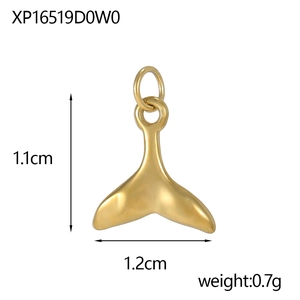 Detailed size view of golden whale tail pendant measuring 1.1cm by 1.2cm and weighing 0.7g