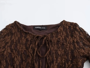 Detail of dark brown lace dress featuring a tie-neckline and floral texture embroidery