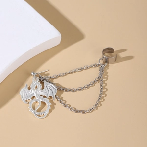 Punk silver dragon ear stud and cuff with triple chains for an edgy gothic style look